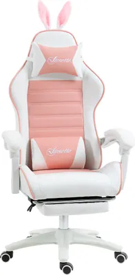 Zdjęcie produktu dla Fotel gamingowy Vinsetto, ergonomiczny fotel dla graczy z podparciem lędźwiowym, podnóżkiem, z uszami królika, zagłówkiem, fotel biurowy z regulowanym oparciem i funkcją odchylania, różowy