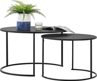A set of two nesting coffee tables with a plant and a glass of water on the larger table.