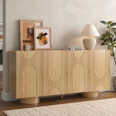 Produktbild von MODFU Sideboard mit 4 Türen,Staurschrank 160x38.5x76cm,Flurschrank in Holzoptik,Aufbewahrungsschrank mit Rillenfront,Mehrzweckschrank mit höhenverstellbaren Böden