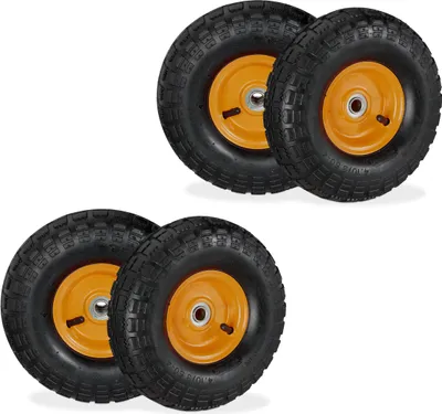 Image de Lot de 4 roues de diable Relaxdays, 4.10 3.50-4, pneus gonflables, jante en acier, 136 kg, roue de brouette, roue de rechange, noir/orange