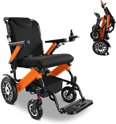 Produktbild von Elektrischer Rollstuhl faltbar Orange – 500W, 24 km Reichweite, 150 kg, Anti-Kipp-Räder