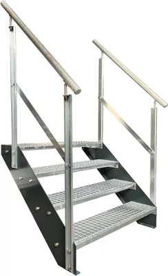 Produktbild von Gitterrost Stahl Wangentreppe 4 Stufen Verzinkt & Anthrazit Pulverlackierte Wangen + beidseitigem Geländer - (L x B x H) 82cm x 120cm x 76cm