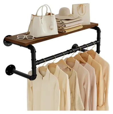 Produktbild von Industrielle Wandgarderobe mit Ablage und Kleiderstange zur Wandmontage, Schwarz