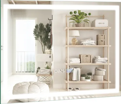 A well-lit room with a modern bathroom mirror and shelving unit.
