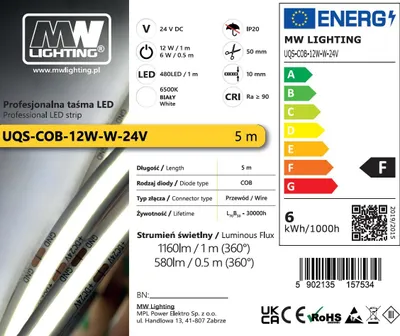 Zdjęcie produktu dla UQS-COB-12W-W-24V-5m: profesjonalna taśma LED COB, 12 W, 480 chipów/m, CRI >90, 24 V, biała, 6500 K, IP20, 5 m