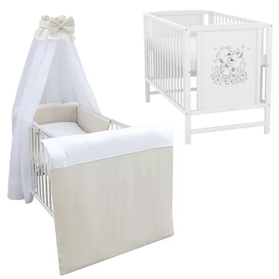 Produktbild von Baby-Delux Babybett Gitterbett Mia weiß 120×60 inkl. Matratze Bettwäsche Set 10tlg Musselin Waffelpique Beige