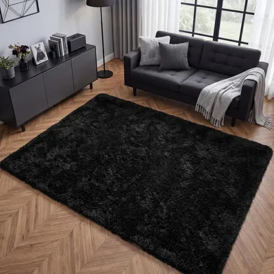 Image de Tapis à poils longs, idéal pour le salon ou la chambre, tapis de couloir, dimensions 120x160 cm, couleur noire