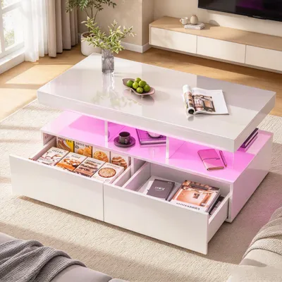Obrázok produktu pre INONEFT konferenčný stolík s LED osvetlením, obývačkový stolík s 2 zásuvkami, lesklý konferenčný stolík s otvoreným úložným priestorom do obývačky, biela farba