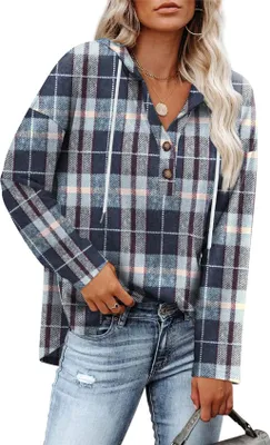 Produktbild von ASKSA Damen Kapuzenpullover V-Ausschnitt Kariertes Knopfleiste Leichter Lockere Langarm Hoodie Sweatshirt (Dunkelblau,XL)
