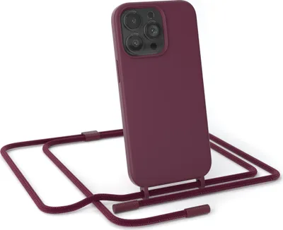 Produktbild von EAZY CASE Handykette Silikon Premium kompatibel mit Apple iPhone 13 Pro Handyhülle mit Umhängeband, Handykordel mit Schutzhülle, Silikonhülle, Hülle mit Band, Beeren Rot