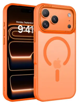 An orange iPhone case with MagSafe compatibility is shown on a black background with an orange glow effect. The iPhone screen displays the time and date.