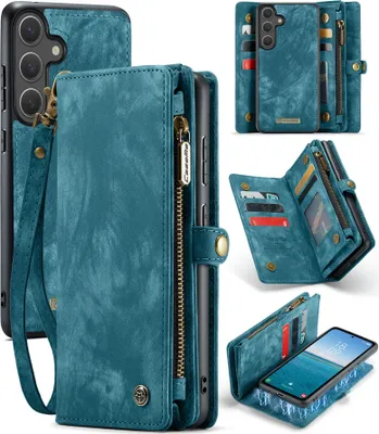 A collage of images showing a teal leather wallet phone case for a Samsung Galaxy S24, with various views and features highlighted.