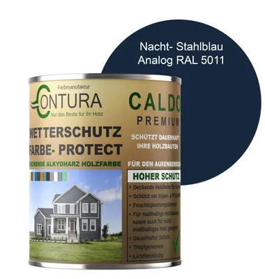 Produktbild von Contura 500ml Wetterschutzfarbe Holz Dauerschutzfarbe Deckend Buntlack Holzfarbe Holzlasur Seidenmatt - Stahlblau - RAL 5011 Analog