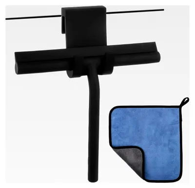 Produktbild von Duschabzieher schwarz matt 21 cm, mit Mikrofasertuch und Duschhaken, Silikon Abzieher für Dusche