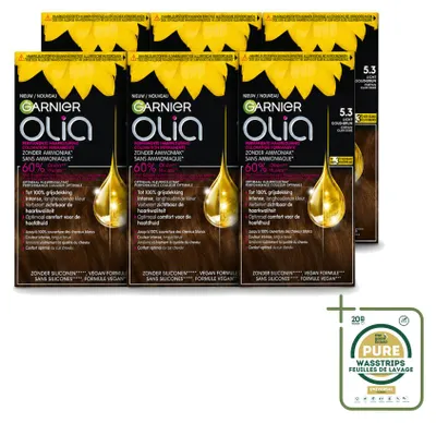 Imagen del producto de 6 unidades de tinte permanente para el cabello Garnier Olia 5.3, color castaño dorado claro, sin amoníaco. Pack ahorro