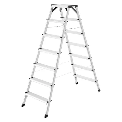 Produktbild von Hailo D60 StandardLine Alu-Doppelstufenleiter - 2x7 Stufen bis 150 kg - Leiter mit Spreizsicherung - Füße mit Soft-Grip-Sohle - mit stabilen Eckversteifungen - Alu Bockleiter rostfrei - Silber