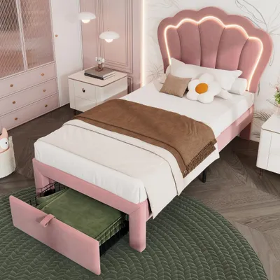 Produktbild von Kinderbett 90x190cm mit LED und Schublade, Samt Polsterbett in Rosa mit Lattenrost und verstellbarem Kopfteil für Kinderzimmer