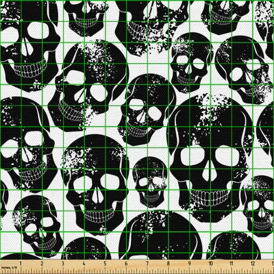 Zdjęcie produktu dla ABAKUHAUS tkanina w stylu gotyckim sprzedawana na metry, Grunge Black Human Skulls na białym tle Zli mężczyźni Strach Horror Śmierć Szkielet, 1 m (148 x 100 cm), biały czarny