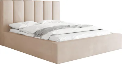 Produktbild von Polsterbett 200x200 mit Bettkasten und Lattenrost – Bett mit hohem Kopfteil, Boucle oder Samt Stoff – Modernes Doppelbett mit Stauraum – Bettgestell, ohne Matratze – Amira – Beige
