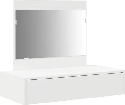 A white dressing table with a mirror and a drawer, shown from a front-diagonal angle against a white background.