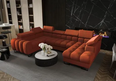 Productafbeelding van Zitmeubel met slaapbank BASTIEN, bekleed met stof Moly in de kleur baksteenrood, met een hocker aan de rechterkant