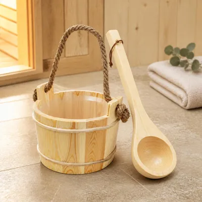 Produktbild von HAGO24 Aufgusskübel-Set 4L Braun Kelle Holzeimer Wasserkübel Kiefernholz Saunaeimer Naturbelassen, KI-generiertes Bild