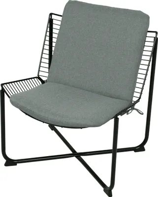 A studio shot of a gray cushion on a black metal chair.