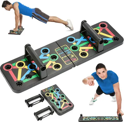 A collage of images showing a man performing push-ups with a fitness board, close-ups of the fitness board, and a man demonstrating the product.