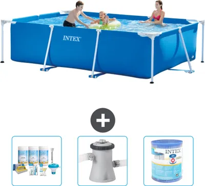 Zdjęcie produktu dla Basen Intex z prostokątną ramą - 300 x 200 x 75 cm - niebieski - w zestawie pakiet konserwacyjny - pompa filtrująca do basenu - filtr