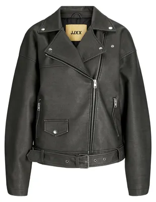Productafbeelding van JJXX Jack&Jones dames jas, model JXFRIDA, gewassen PU, bikerstijl, kleur: zwart/details: RUB Of
