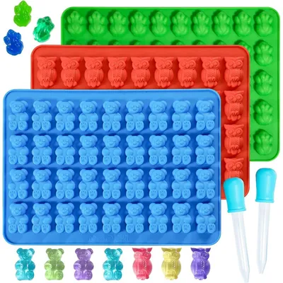 Produktbild von Silikonform Gummibärchen 3 Stück Tiere mit 2 Pipetten für Süßigkeiten, Gelee, Schokolade