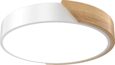 A modern ceiling light with a white and wood finish.