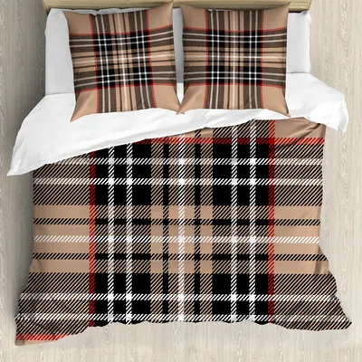 Produktbild von ABAKUHAUS Kariert Bettbezug Set, Klassischer Tartan in der britischen Art-Entwurfs-geometrischen Verzierung gestreift, 155 x 220 cm + 80 x 80 cm, Pale Braun Orange Weiß