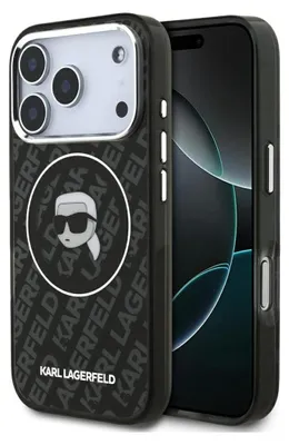 A black Karl Lagerfeld phone case with the brand's logo and repeated branding on the back, shown on a black background.