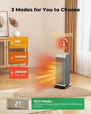 Obrázek produktu pro Přenosný elektrický ohřívač 2000W - Tichý ohřev pomocí PTC s 3 režimy, ECO režim, časovač na 12 hodin, ochrana proti převrhnutí a přehřátí, a výkon 70