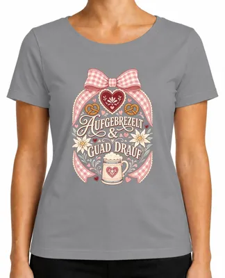 Imagen del producto de Camiseta de para mujer, estilo "lederhosen", marca "Aufgebrezelt & Guad Drauf", color gris, talla M