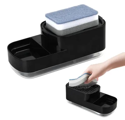 Produktbild von Spülmittelspender mit Pumpe, Spülmittelspender mit Schwammhalter, Spülmittelspender für die Küche, nachfüllbares Spülmittel, schwarz