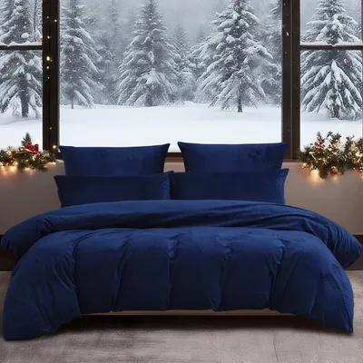 Productafbeelding van Bettenset, 200x200 cm, donkerblauw, warm, zacht, pluche microvezel, 3-delig, met rits