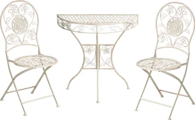 Produktbild von BELIANI Balkonset Hellbeige Eisen 3-teilig Romantisches Französisches Design Halbrunder Tisch mit 2 Stühlen Zusammenklappbar Garten Outdoor Terrasse