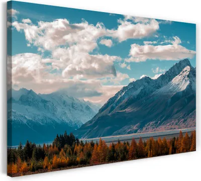 Produktbild von Leinwandbild (120x80cm): Landschaftsbilder Berge am See und Wald unter blauem Himmel, echter Holz-Keilrahmen inkl. Aufhänger, handgefertigt in Deutschland