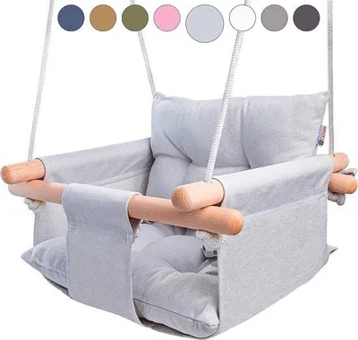 Imagen del producto de Silla mecedora para bebés Unyqoos® de lona y madera – 40 cm, arnés de 5 puntos, hasta 50 kg, asiento colgante para interior y exterior, con altura ajustable, color gris, incluye accesorios de montaje