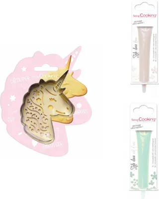 Produktbild von Einhorn Relief Kekspackung + 2 Stifte mit weißer und grüner Schokolade