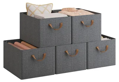 Produktbild von Set von 5 Faltbaren Aufbewahrungskörben - Graue Aufbewahrungsboxen mit Griffen für Kleidung und Spielzeug