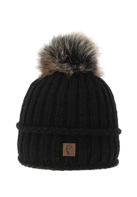 Produktbild von Faera Wintermütze warm gefüttert mit Kunstfell Bommel-Mütze Fleece-Futter Winter Strick-Mütze Beanie-Mütze Damen Herren One-Size Schwarz
