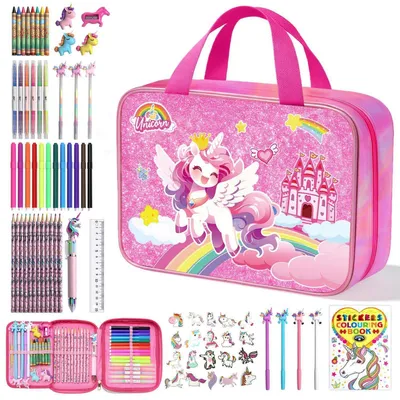 Produktbild von Malset für Kinder 73 Teile Einhorn Malkoffer mit Buntstiften Filzstiften Malbuch Aufkleber