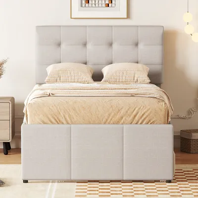 Produktbild von Merax Polsterbett 90x200cm mit ausziehbarem Unterbett, Massivholzbett Einzelbettt mit Lattenrost und 3 Schubladen, Tagesbett Stauraumbett, Beige