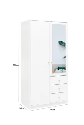 Produktbild von BETTSO Drehtürenschrank Kleiderschrank mit 2 Türen und 3 Schubladen Spiegel Garderobenschrank Garderobe Schlafzimmerschrank-RAINBOW 100cm Weiß
