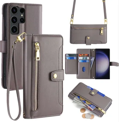 Produktbild von Handykette Samsung Hülle mit Band Handyhülle Kartenfächer Kunstleder Umhängetasche Galaxy S23 Ultra Grau