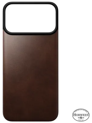 Imagen del producto de Nomad, funda para iPhone 18 Pro Max con parte trasera de cuero Horween y sistema MagSafe, color marrón rústico