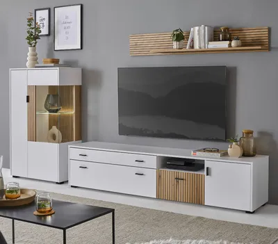 Produktbild von Wohnwand "Merced" Set in weiß und Eiche 280 cm, mit XXL Lowboard, Soft-Close und Staboptik